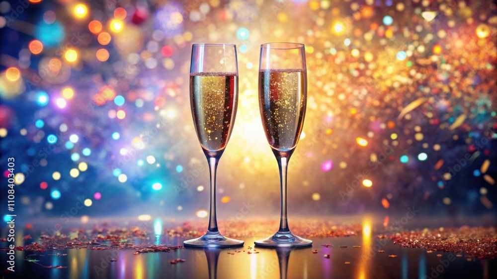 Aufkleber Two champagne flutes filled with sparkling wine, illuminated by a bokeh background of colorful lights and confetti