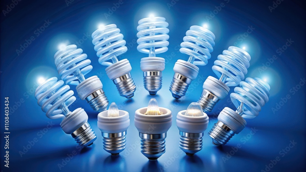 Poster a cluster of spiraled incandescent light bulbs arranged in a circle with three traditional light bul