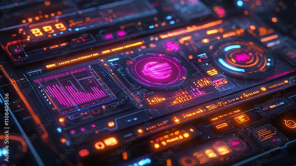 Poster innovative futuristic digital interface design featuring glowing holographic elements and interactiv