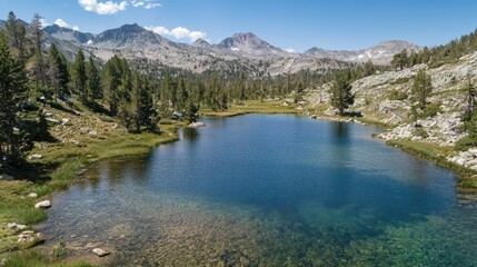 Fototapeta premium Serene Scenic View of a Mountain Lake Surrounded by Lush Pine Trees Under a Clear Blue Sky with Crystal Clear Water and Majestic Peaks in the Background