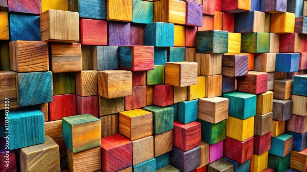 Poster a vibrant wall of wooden cubes, each painted in a different color, creates a dynamic and textured ab