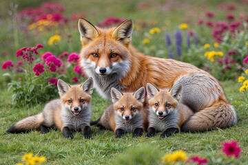 Fototapeta premium Curious Fox Mother and Playful Kits Resting in a Vibrant Meadow