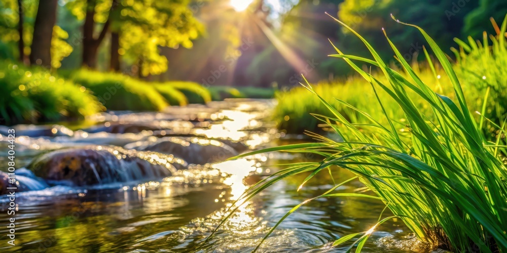 Poster a close-up view of lush green grass blowing gently in the wind near a rippling stream, bathed in the