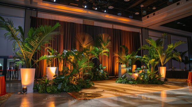 A beautifully decorated indoor event space featuring lush green plants and warm ambient lighting, perfect for weddings, parties, and corporate events.