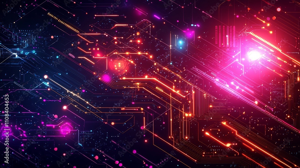 Poster mesmerizing futuristic digital art with neon waves and intricate cybernetic patterns on a dark gradi
