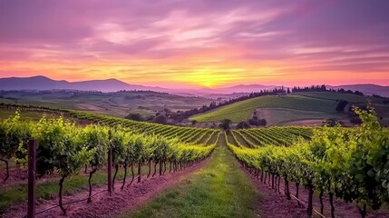 Fototapeta premium Breathtaking Scenic View of Lush Vineyards in the Rolling Hills of Tuscany at Sunset with Vibrant Skies and Verdant Landscapes