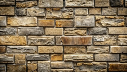 Obraz premium A close-up view of a textured stone wall with various shades of brown and grey hues, showcasing the natural beauty of stone masonry