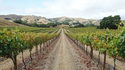 Fototapeta premium Scenic Vineyard Landscape During Harvest Time Surrounded by Rolling Hills Under a Cloudy Sky, Offering a Picturesque View of Nature's Bounty