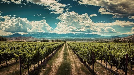 Fototapeta premium Scenic Vineyard Landscape with Rows of Grape Vines Under a Dramatic Sky and Majestic Mountains in the Background for Captivating Nature Photography