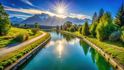 Fototapeta premium A winding canal meanders through a lush green valley, reflecting the dazzling sunlight and the majestic snow-capped mountains in the distance, creating a serene and picturesque landscape.