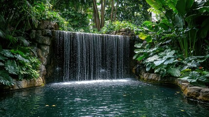 Naklejka premium Lush Tropical Rainforest Waterfall Surrounded by Vibrant Vegetation and Serenity in a Tranquil Oasis for Nature Lovers and Relaxation Seekers