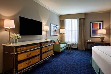 Trendy Hotel Suite Interior with Vintage Dresser and Smart TV