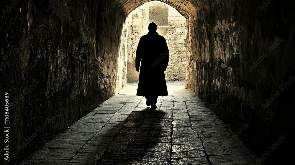 Poster mysterious shadowy figure walking through a dark deserted alley, creating an intriguing scene of iso