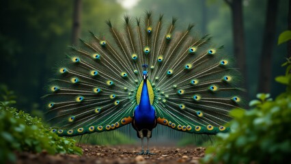 Obraz premium A majestic peacock with its full tail feathers spread, displaying colorful patterns in a lush natural setting.