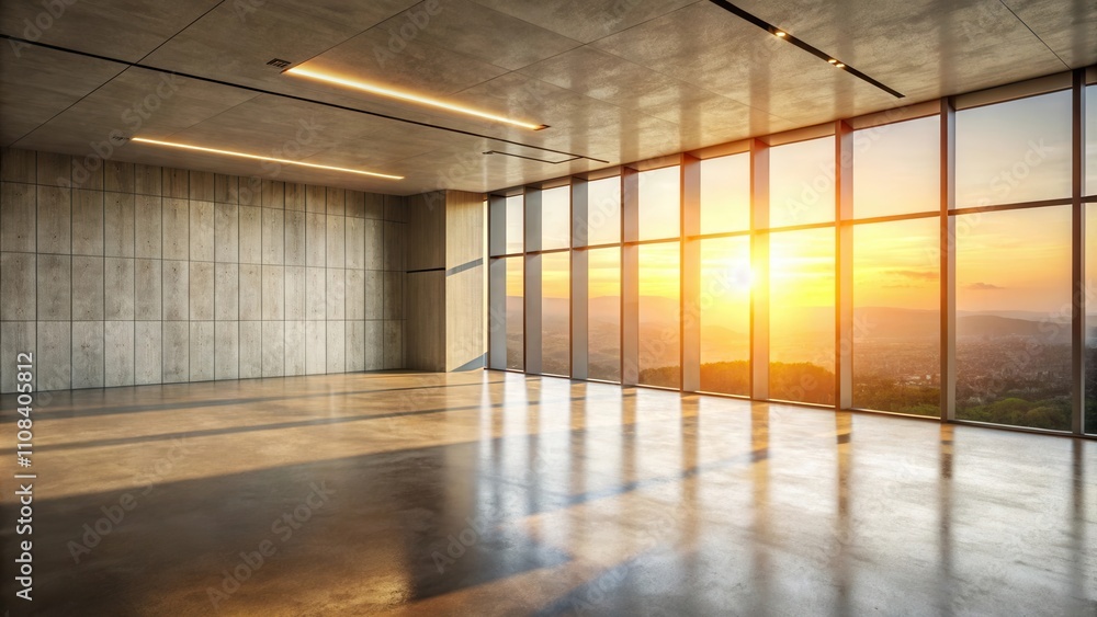 Poster a modern empty room with large windows overlooking a scenic sunset cityscape with sun rays illuminat