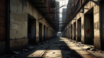 Desolate urban alleyway, dilapidated buildings, sunlit path, debris, shadows, grunge, decay.