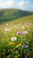 Obraz premium Macro shot of a wildflower meadow in the Irish countryside showcasing colorful blooms with soft morning light and copy space