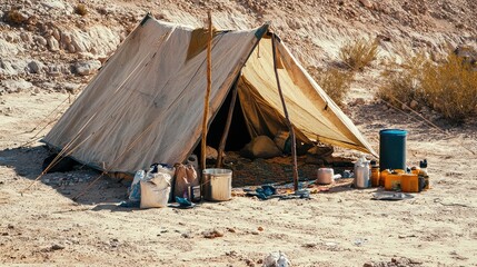 Shelter in a Remote Desert Area Featuring a Basic Tent Surrounded by Essential Supplies and Natural Terrain in Warm Tones