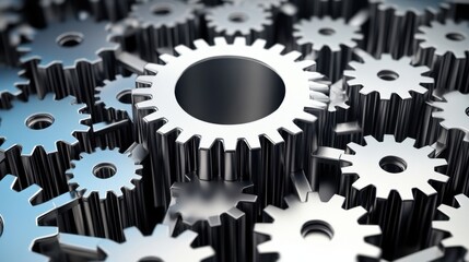  Large interconnected network of gears symbolizing corporate competition, with one oversized gear dominating the scene, representing antitrust concerns. Central gear with copy space for text.
