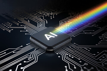 Fototapeta premium AI chip with rainbow light on circuit board symbolizing technology and innovation in artificial intelligence