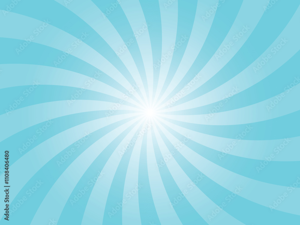 Poster Abstract Blue Background with Rays Retro Starburst Rays. Cyan Turquoise Sunburst Background Vector Illustration Pattern Beam Rays. Spiral Radial Striped Backdrop. Vector Illustration.