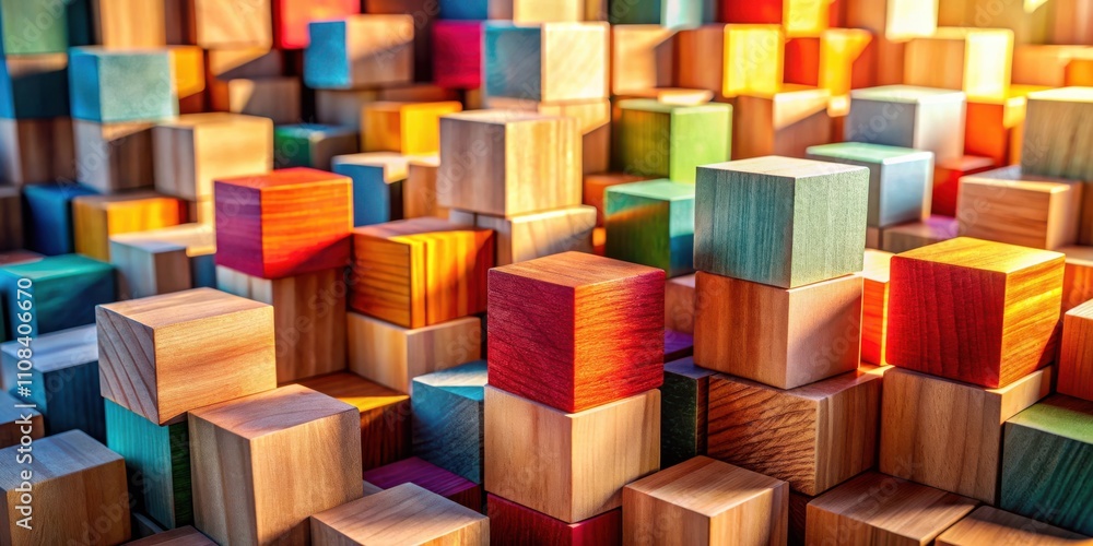 Poster a symphony of color and texture, wooden blocks interlock in a vibrant abstract arrangement, revealin