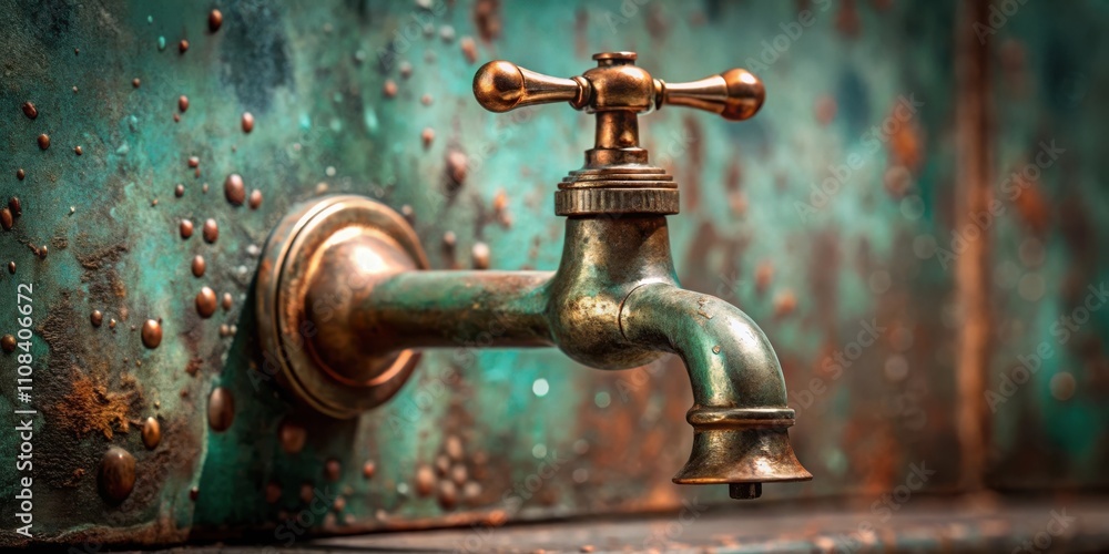 Poster a weathered brass faucet with a cross-shaped handle against a backdrop of textured green and brown m