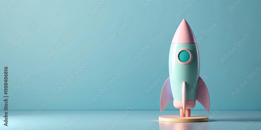 Poster a pastel-colored rocket stands ready for launch on a simple platform against a serene blue backdrop.