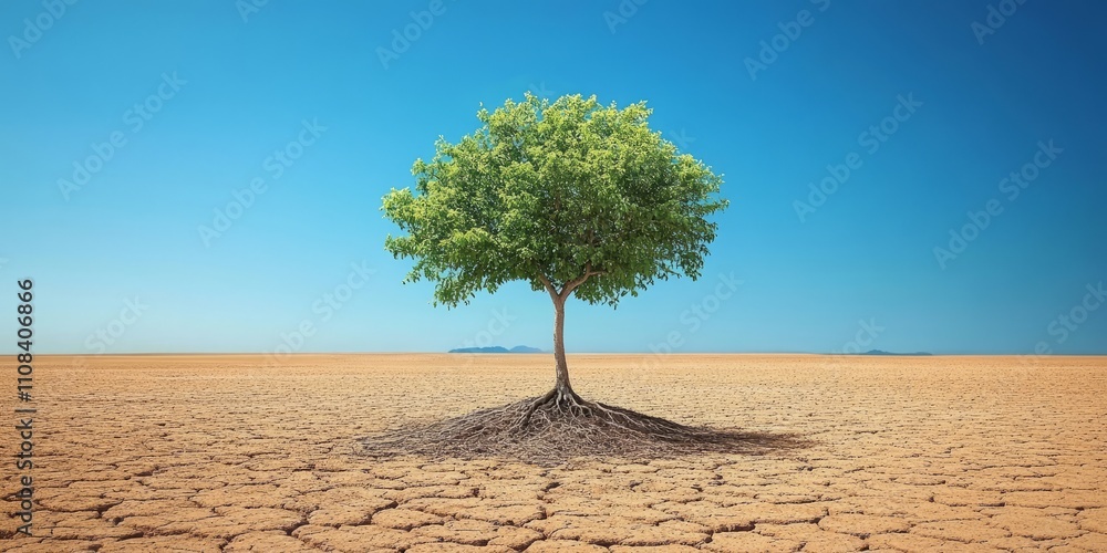 Poster a tree is growing in a desert. the tree is small and has a trunk. the desert is dry and barren
