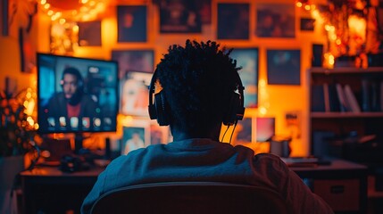 Obraz premium Person Wearing Headphones Engaging in Virtual Meeting from Small Desk Setup with Soft Ambient Lighting Providing a Cozy and Comfortable Work Environment