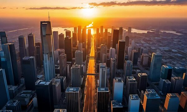 Aerial View Of Cityscape At Sunset