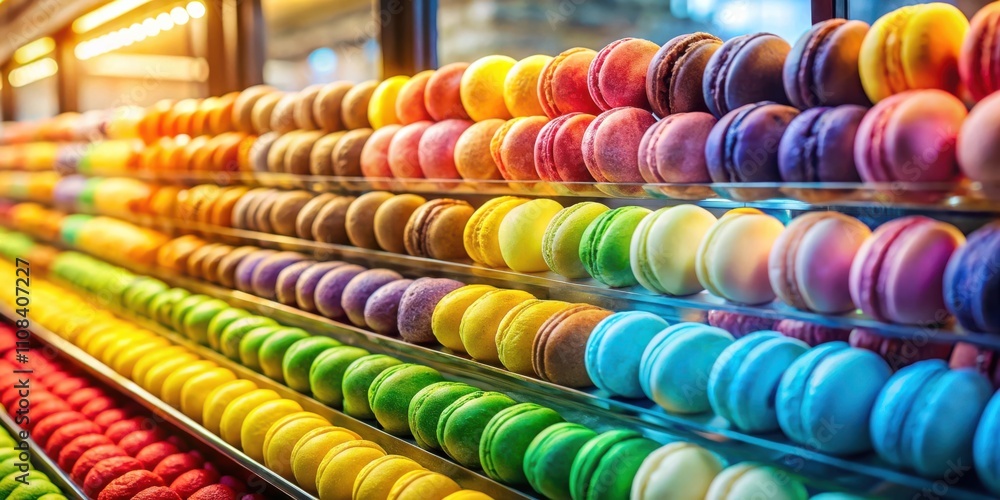 Poster a vibrant display of colorful macarons, arranged in rows on glass shelves, creates a visually appeal