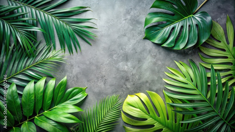 Poster lush tropical foliage arranged in a symmetrical design on a gray background