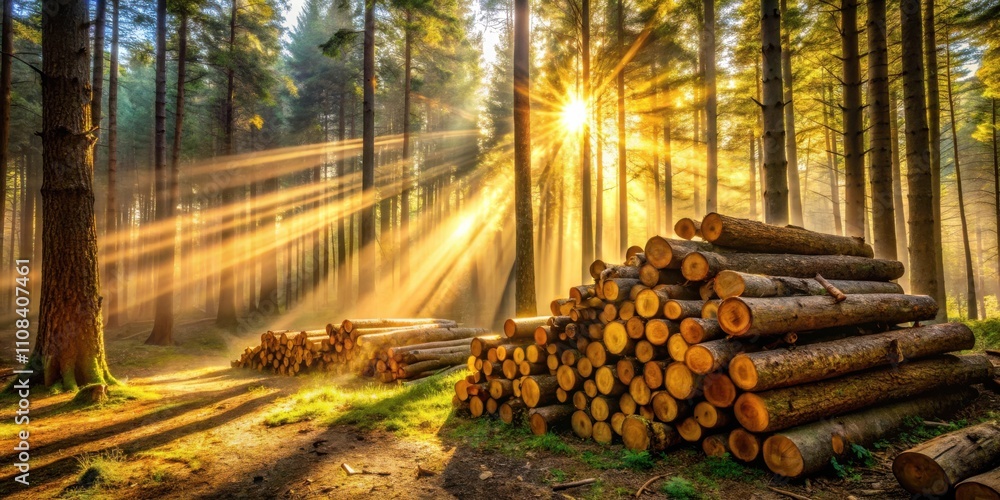 Poster Sunbeams pierce through the dense forest canopy, illuminating a pile of logs and casting long shadows on the forest floor.