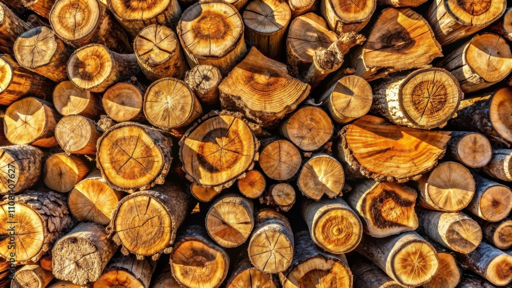 Poster a close-up view of a stack of cut wood logs, revealing the intricate grain patterns and natural beau