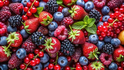 Fototapeta premium A vibrant medley of summer berries ripe strawberries, juicy blueberries, dark blackberries, and delicate raspberries, all bursting with color and flavor.