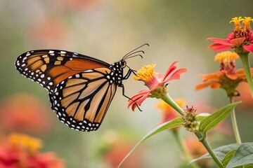 Obraz premium Close-up of a Beautiful Butterfly Sipping Nectar from a Vibrant Flower, colorful flowers, elegance, insect, macro photography, close up