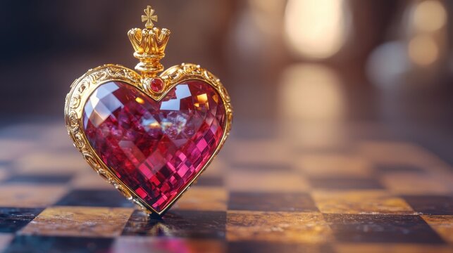 A stunning heart-shaped ruby crown jewel resting on a chessboard, symbolizing love, luxury, and strategy in life.