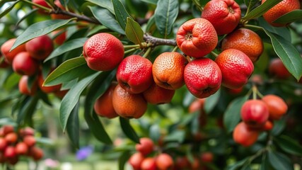 Obraz premium Close-up of ripe eriobotrya japonica lindley fruits on a tree branch in a lush garden, close-up, fresh