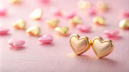 Fototapeta premium Two Golden Hearts Resting Amongst a Scatter of Pink Hearts on a Soft Pink Surface