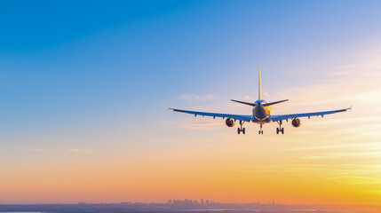 Obraz premium Airplane landing at sunset 