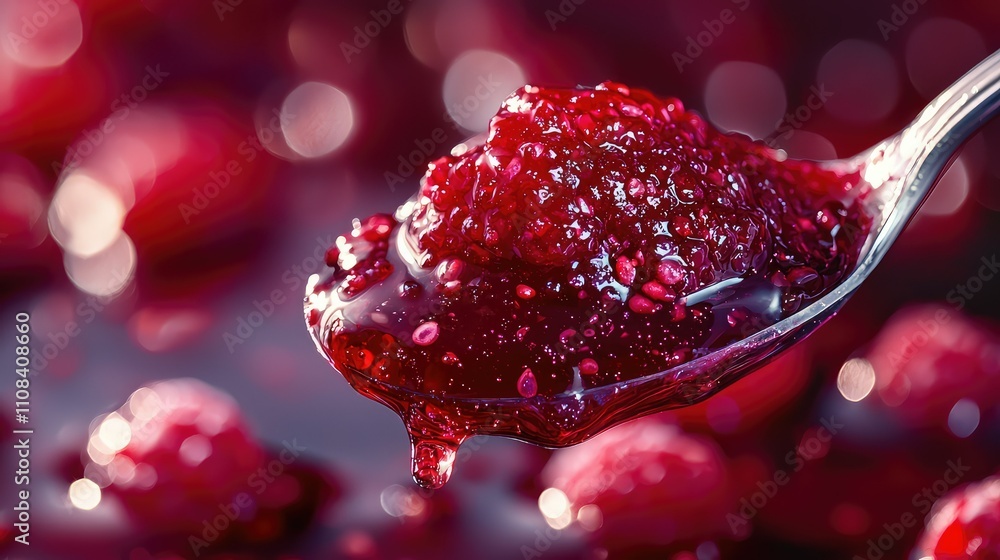 Poster spoonful of homemade raspberry jam with visible seeds captured in stunning detail against a vibrant 