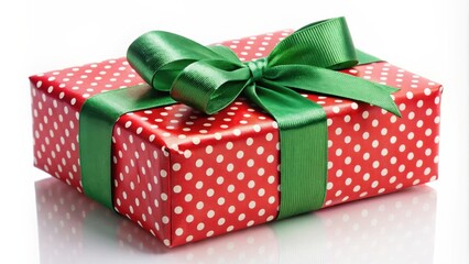Obraz premium A festive red gift box with white polka dots, tied with a bright green ribbon, presents a perfect opportunity for celebration.