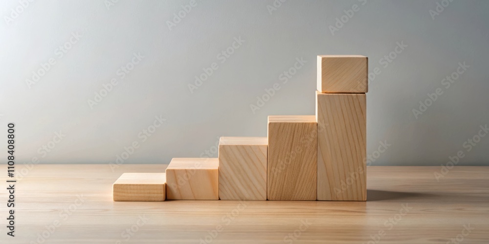 Fototapete wooden blocks stacked in an ascending pattern on a table, representing a growth chart or progress co