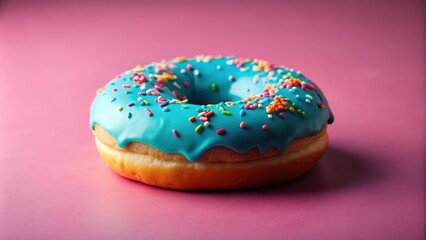 A single blue glazed donut with colorful sprinkles, against a pink background, symbolizing sweet indulgence and vibrant joy.