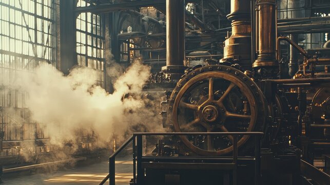 Historical Steam-Powered Machinery in an Industrial Setting with Intricate Design and Atmospheric Smoke Contributing to Vintage Aesthetic