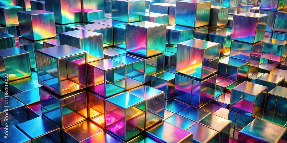 Poster A field of iridescent cubes stacked in a random pattern, creating a hypnotic and colorful abstract composition.