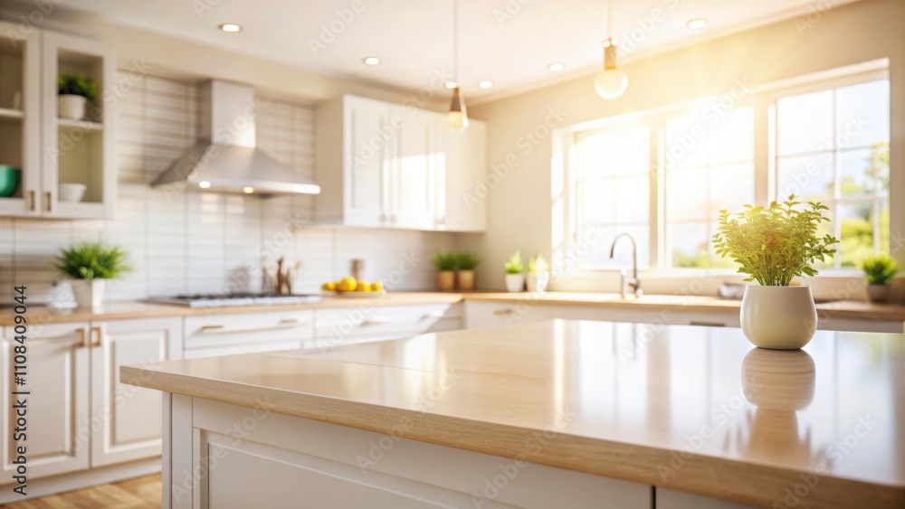 Poster Sunlight streams through a large window illuminating a pristine kitchen countertop, creating a warm and inviting atmosphere.
