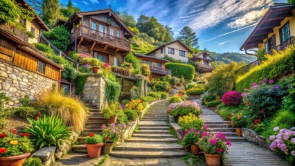 Obraz premium A picturesque hillside village with charming homes, vibrant flowers, and winding stone steps, creating a serene and idyllic landscape.