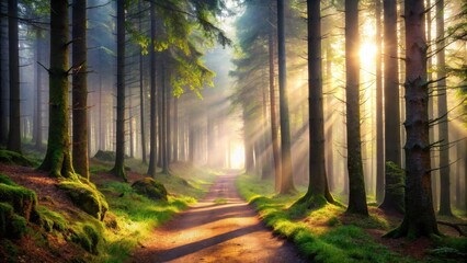 Obraz premium A sunlit pathway through a misty forest, revealing a bright opening between the tall, moss-covered trees
